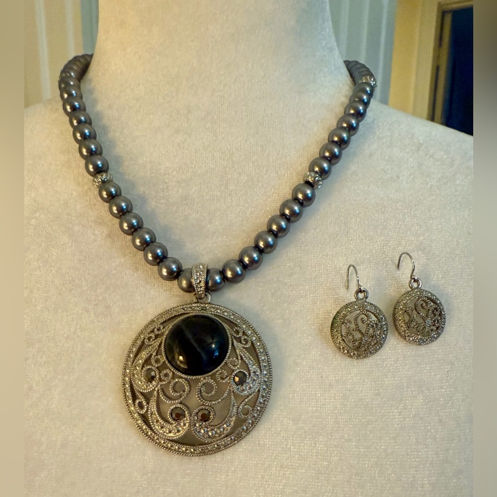 White House Black Market Silver & Black Necklace and Earring set